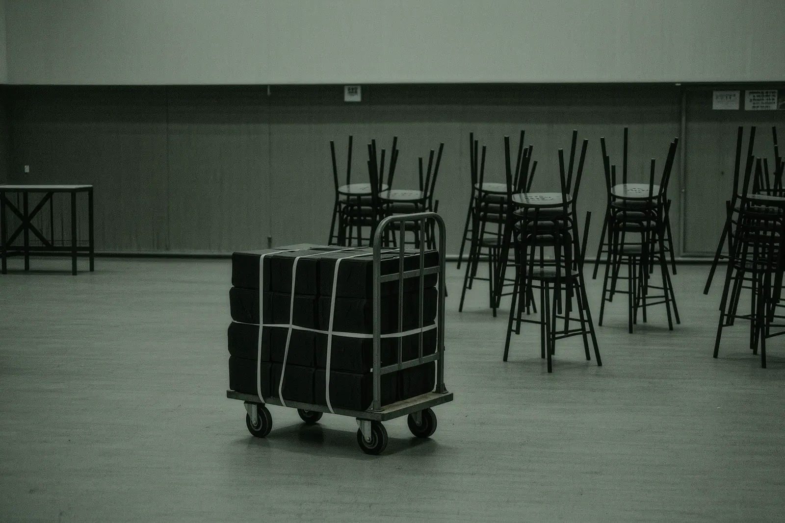 Stacked bar stools and folded high tables on a bare exhibition hall floor, a loaded chair trolley in the foreground with a webbing strap cinched around it.