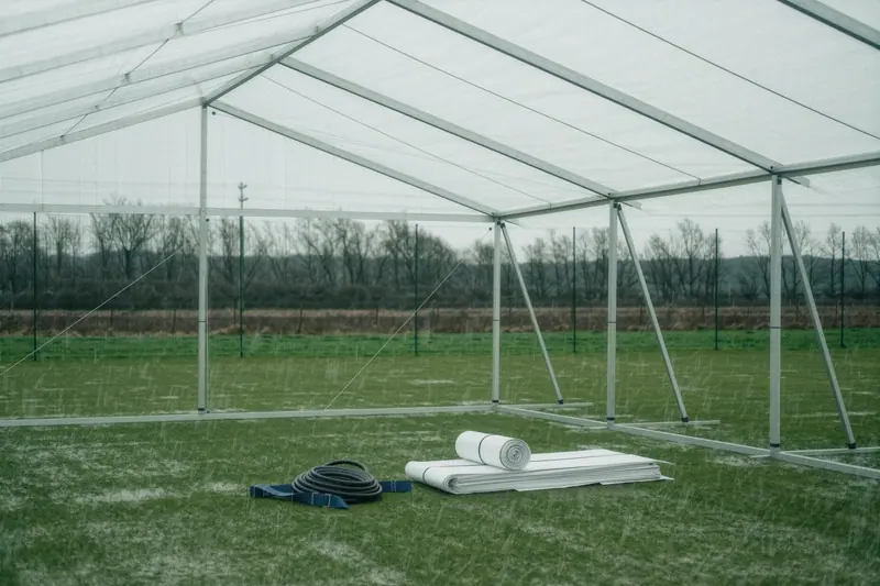 A bare marquee frame half erected on a lawn with rolled canvas and ratchet straps lying on the grass.