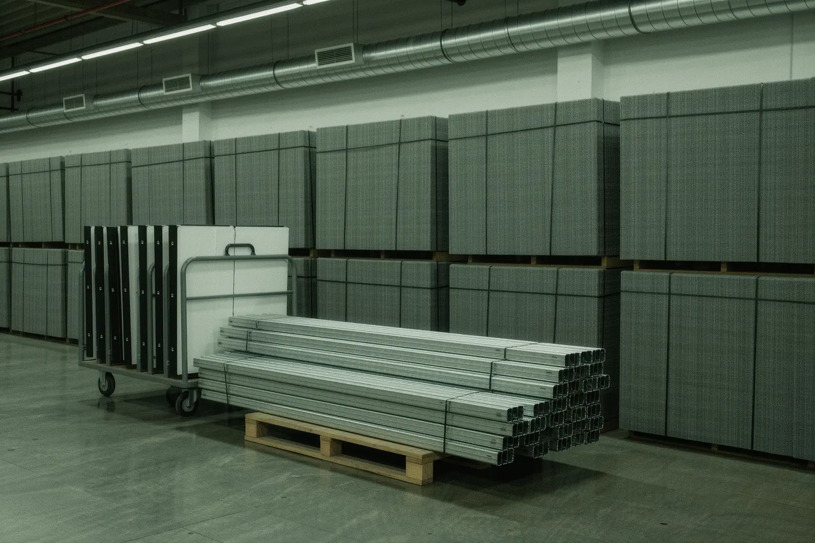 Aluminium truss sections stacked on a pallet in a trade fair hall aisle, folded exhibition counters on a trolley and squared bundles of grey carpet tiles behind them.