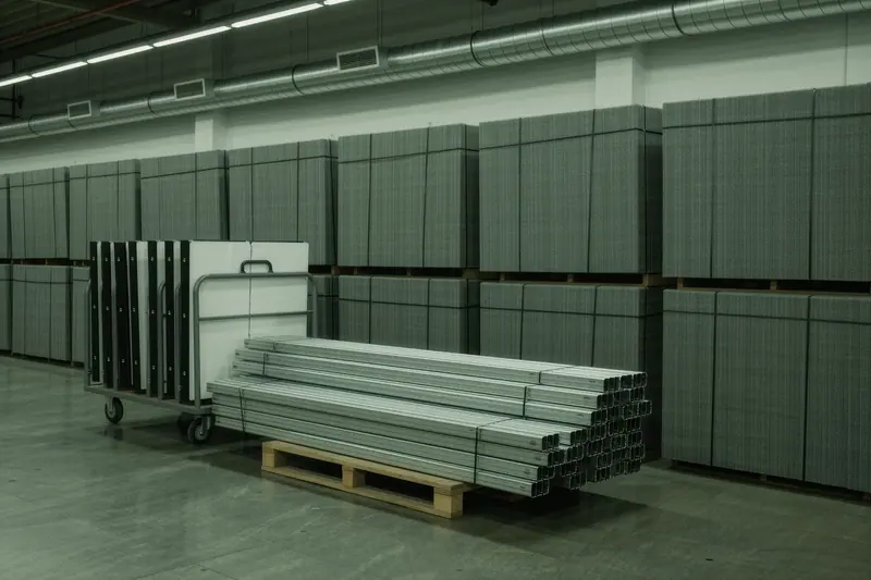 Truss sections, folded counters and stacked carpet tiles standing in a wide hall aisle waiting to be moved onto stands.
