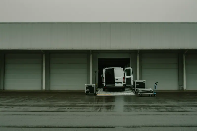 A panel van backed against an exhibition hall roller door with the ramp down and empty flight cases waiting on the apron.
