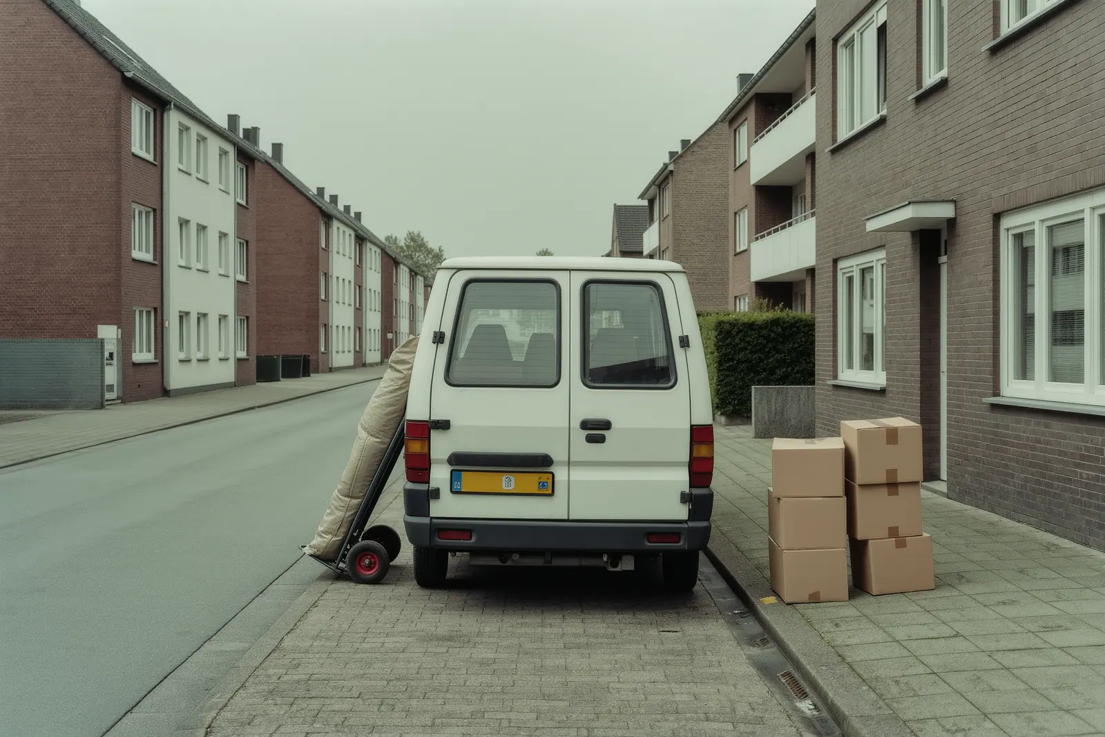 A small white van parked at the kerb of a residential Düsseldorf street, a folded sack truck leaning against the rear bumper and stacked cardboard moving boxes on the pavement beside it.