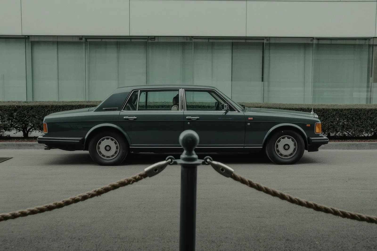 An unbranded dark premium saloon standing on a plain paved forecourt behind a slack rope barrier on a metal stanchion, a clipped hedge and a glass office facade behind.
