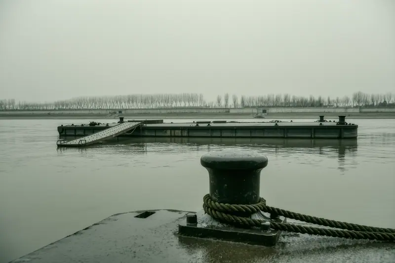 A floating jetty on the Rhine with mooring bollards and a gangway rising to the embankment, the city bank behind.