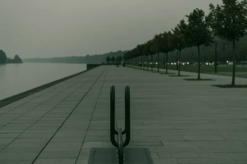 An e-bike docking rack standing on a wide paved riverside promenade lined with plane trees, no people in view.